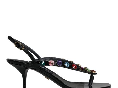 Dolce & Gabbana  Thong Sandals with Rhinestones - Black Patent Leather Sale