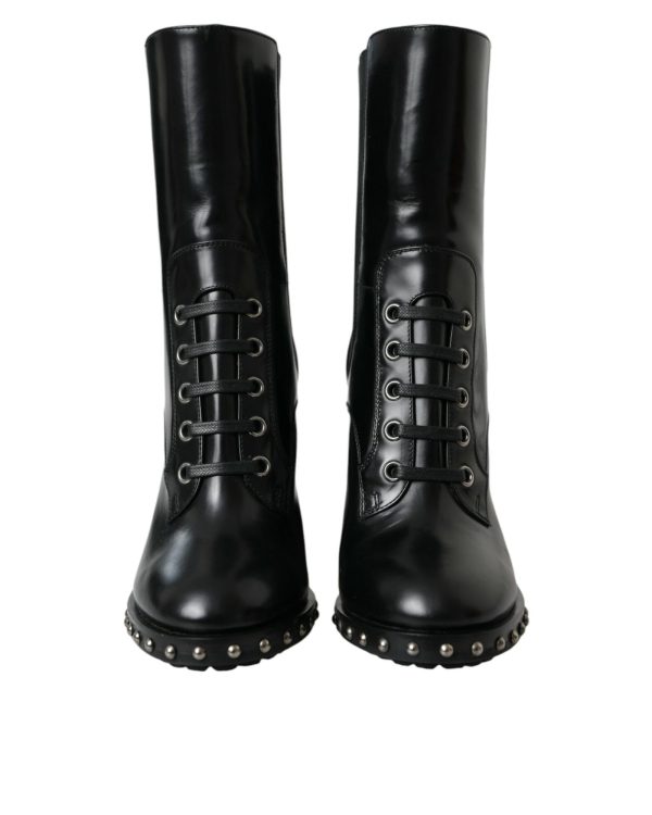 Dolce & Gabbana  Women s Black Leather Lace-Up Ankle Boots with Studs Supply