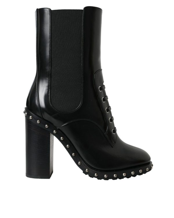 Dolce & Gabbana  Women s Black Leather Lace-Up Ankle Boots with Studs Supply