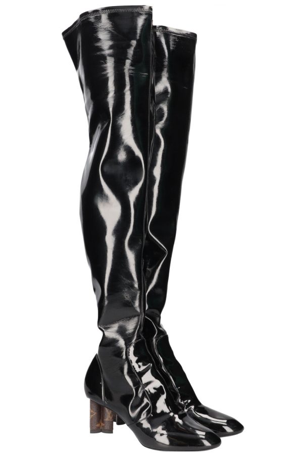 LOUIS VUITTON 2017 Patent Leather Over Knee Boots Black For Sale