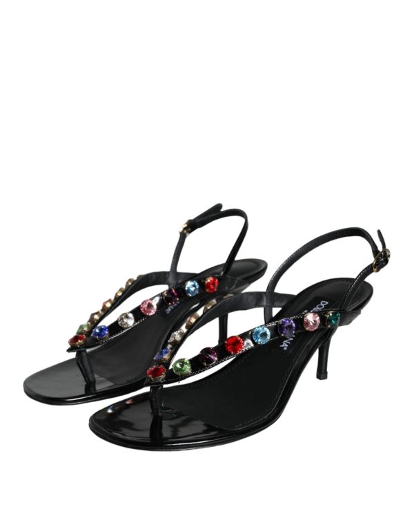 Dolce & Gabbana  Thong Sandals with Rhinestones - Black Patent Leather Sale