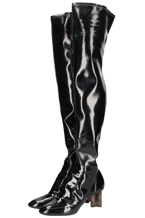 LOUIS VUITTON 2017 Patent Leather Over Knee Boots Black For Sale