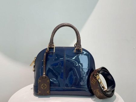 Louis Vuitton Alma Bag in Patent Navy Blue with Monogram Handles and Strap - Medium Size Cheap